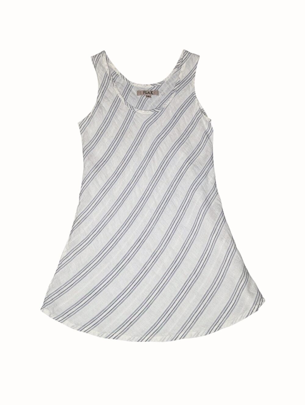 FLAX Womens Sleeveless Tunic Small Linen Striped Coastal Quiet Luxury White Gray